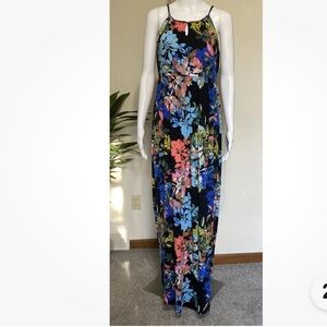 Lucy & Laurel Black Floral Maxi Dress with Blue and Pink Blooms